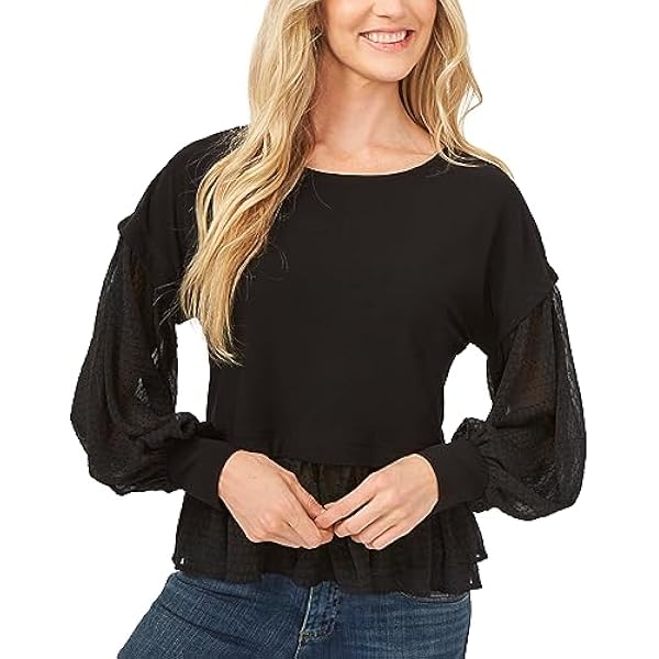 CeCe Ruffled Mixed Media Top Rich Black L at Amazon Women's